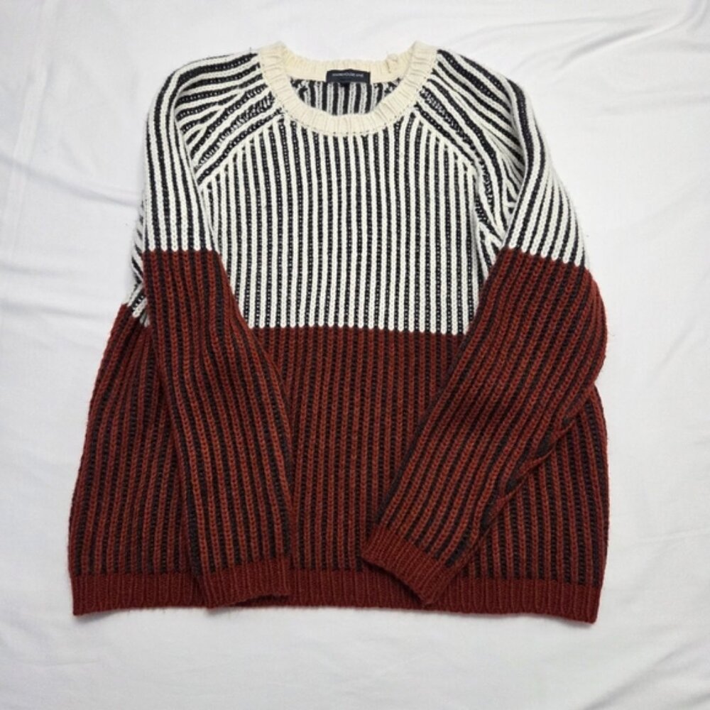 Warehouse One Chunky Knit Colorblock Striped Crewneck Sweater Rust Cream Size M